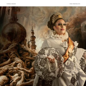 May include: A portrait of a person wearing a white gown with a gold sash and a crown. The person is standing in front of a painting of a large, ornate structure.