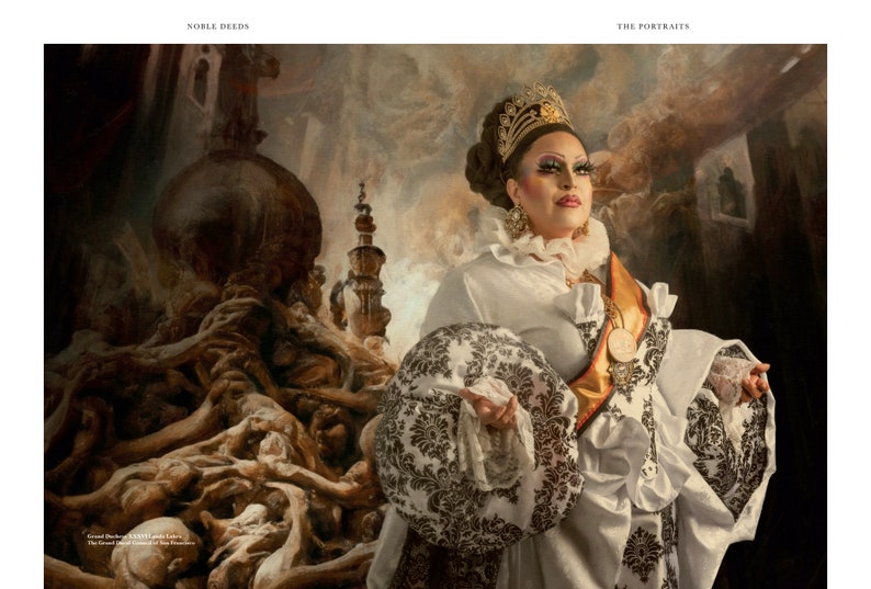 May include: A portrait of a person wearing a white gown with a gold sash and a crown. The person is standing in front of a painting of a large, ornate structure.