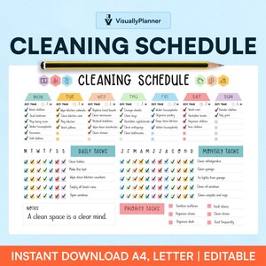 編集可能な掃除スケジュール：週ごと、月ごとの家事（デジタルダウンロード）