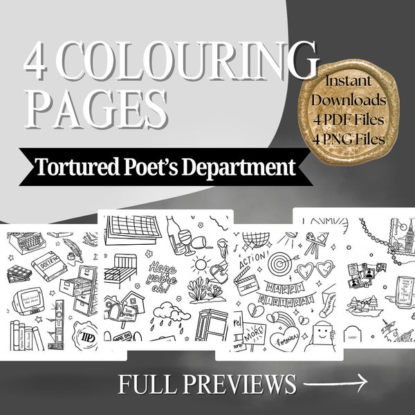 Taylor Swift Tortured Poet Department Colouring Pages | Swifties Inspired | TTPD Merch | Printable Downloads | Set of 4