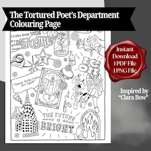 May include: Black and white coloring page featuring a variety of illustrations, including a rose, a star, a building, a woman in a dress, and the text "The Tortured Poet's Department Coloring Page", "Clara Bow TEOΣ", "Beauty is a Beast", "Fake", "Stevie Nicks Casts Her Spell", "The Empress", "The Future is Bright", "I N", "Manhattan", and "Ice On".