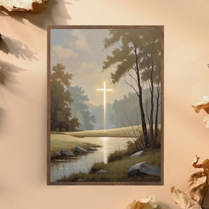 Christian Cross Landscape Print – Peaceful River Scene with Glowing Cross – Faith Wall Art – Digital Bible Art for Home or Church Decor