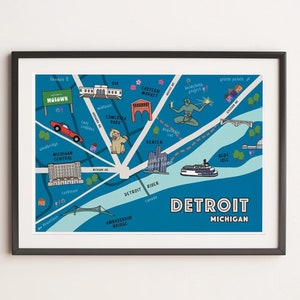 Detroit illustrierte Karte | Detroit City Kunst | Städtisches Dekor | Retro Poster | Handgezeichnete Karte von Detroit | Detroit Wohnkultur