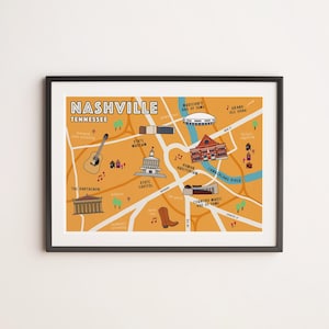 Impressão de mapa ilustrado de Nashville | Arte da cidade de Nashville | Presente exclusivo da cidade | Mapa desenhado à mão de Nashville | Decoração para casa em Nashville | Cidade da música