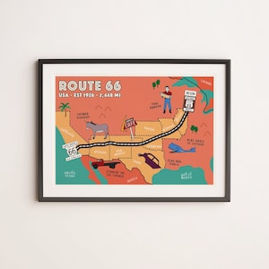 Route 66 illustrierte Karte | Road Trip Karte | Vintage Route 66 Dekor | Handgezeichnete Karte der Route 66 | Americana Geschenk