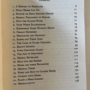 May include: Open book page with a table of contents titled "Contents". The list includes topics such as herbalism, herbal treatments, and herbal beverages. The page numbers are listed to the right of each topic.