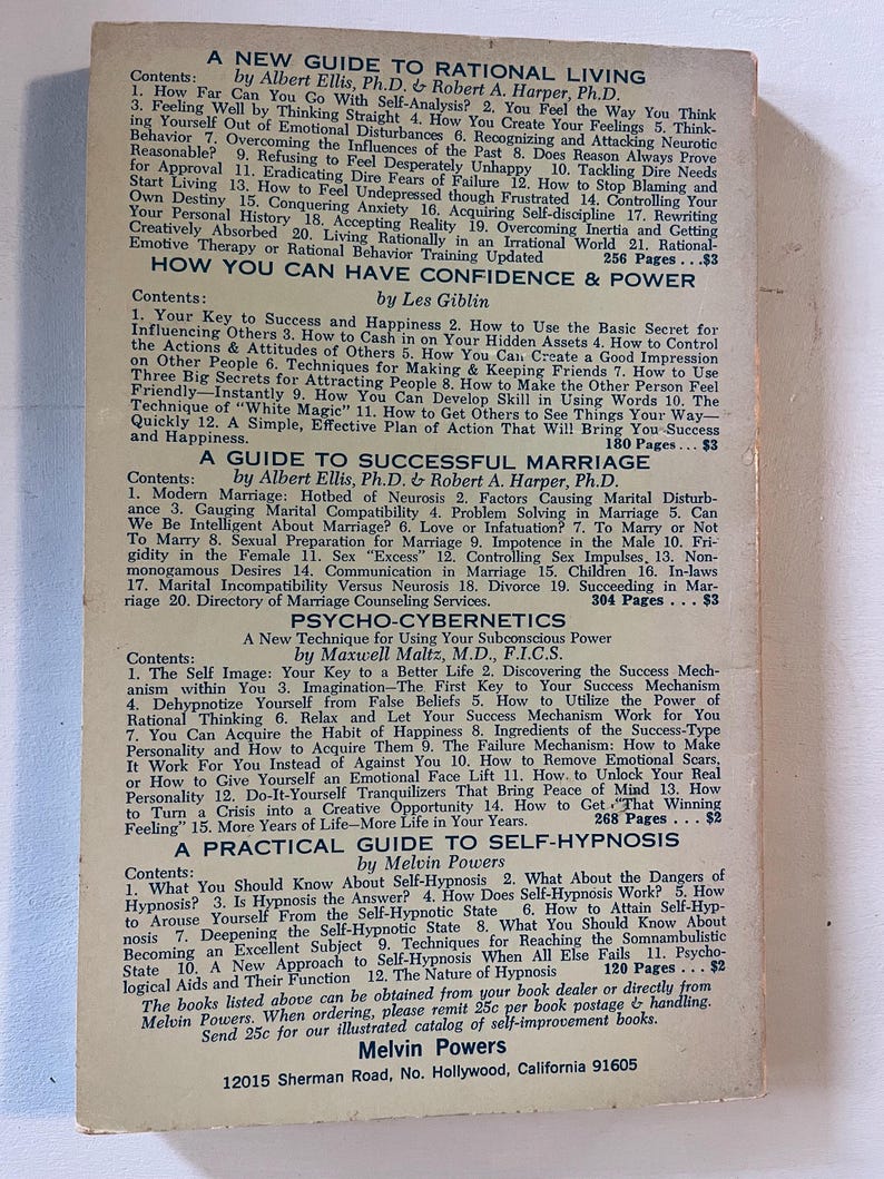 May include: A vintage book advertisement featuring several self-help books. Titles include "A New Guide to Rational Living," "How You Can Have Confidence & Power," and "Psycho-Cybernetics." The books are by various authors.
