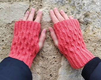 Women Pink Fingerless Mittens; spring cotton and acryl fingerless gloves with beautiful tracery; forest theme