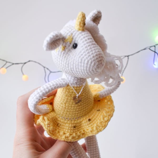 Plush unicorn in yellow dress with jewerly crochet amigurumi toy; knitted horse soft toy; ballerina unicorn stuffed knitted toy; horse lover