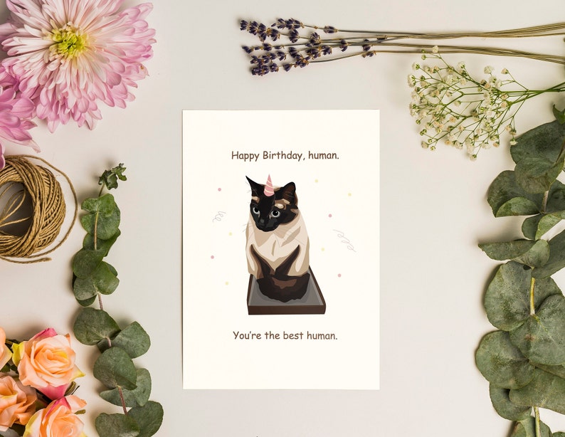 : bhiosng happy birthday card for cat lover, funny... Funny Cat Birthday Card A6 Digital Download Siamese Cat Printable ...