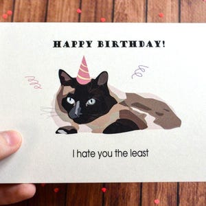 Carte d'anniversaire chat drôle A6 en téléchargement numérique Carte de voeux imprimable chat siamois pour amoureux des chats ou ami propriétaire de chat