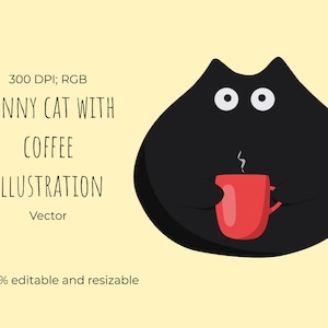 Cat with coffee Cute Vector Cartoon Character PNG Illustration for kids print downloadable SVG Digital graphical image Cat Animal Clipart