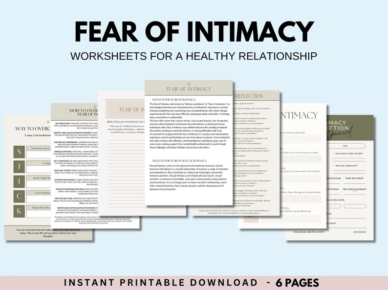 May include: A set of printable worksheets focusing on "Fear of Intimacy" and "Worksheets for a Healthy Relationship." The pages contain text and prompts for self-reflection and relationship improvement. The design is clean with a light blue background.