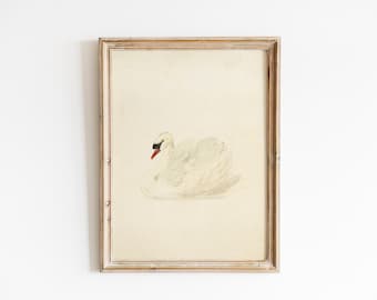 May include: A framed watercolor painting of a white swan with a red beak and black eyes. The swan is depicted in a graceful pose, with its wings spread out.