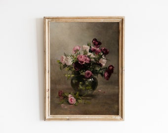 Printable Vintage Purple Flowers Painting, Moody Flowers, Dark Academia Botanical Wall Art, Flowers Digital Download