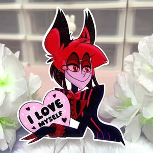 Sticker vinyle Alastor Love I Love Myself - sticker brillant imperméable kawaii love pour ordinateur portable pastel mignon Saint Valentin