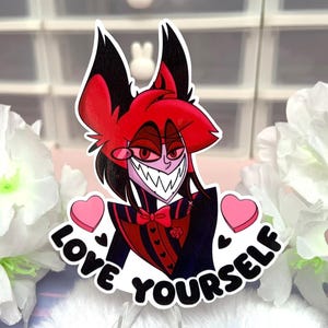 Sticker vinyle coeurs Alastor Love Yourself - Sticker brillant imperméable kawaii love ordinateur portable pastel mignon Saint Valentin
