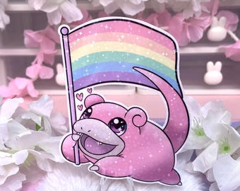 Pegatina de vinilo holográfica Pride Slowpoke kawaii linda estética pastel papelería calcomanías para laptop rosa iridiscente