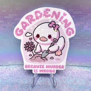 Sticker holographique en vinyle - canard jardinier - jolie papeterie pastel esthétique kawaii rose irisé sarcasme introverti - décalcomanies pour ordinateur portable