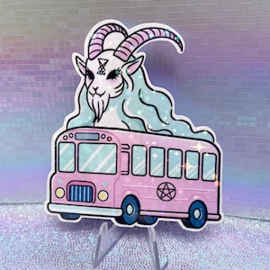 Sticker vinyle holographique - Bus Baphomet - Stickers ordinateur portable Satan, kawaii, esthétique pastel, voiture