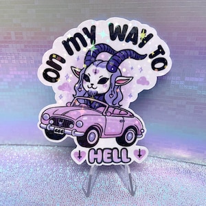 Sticker vinyle holographique - On My Way To Hell Baphomet - Stickers pour ordinateur portable Satan irisés kawaii, Cadillac