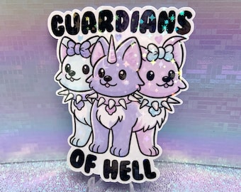 Pegatina de vinilo holográfica - Guardianes del infierno Cerberus - kawaii linda estética pastel papelería iridiscente portátil mitología bruja perros