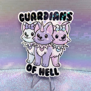 Sticker holographique en vinyle - Cerbères des Gardiens de l'enfer - Kawaii mignon pastel esthétique papeterie irisé pour ordinateur portable witchy mythologie chiens chiens