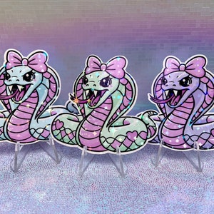 Set van 3 holografische vinylsticker - Cobra Triplets kawaii schattig esthetische pastel briefpapier iriserende laptop stickers reptielen reptiel slang