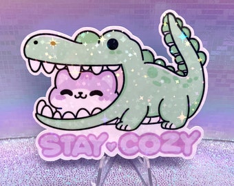 Holographic Vinyl Sticker - Stay Cozy Alligator Cat - kawaii cute aesthetic pastel stationery iridescent Laptop Decals sarcasm sarcastic