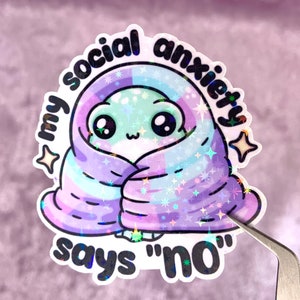 Sticker anxiété sociale grenouille introvertie holographique - Jolie papeterie kawaii esthétique pastel irisée pour ordinateur portable