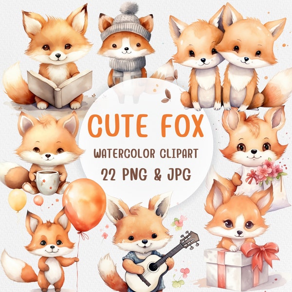 Watercolor Cute Fox PNG Bundle, Digital Crafts Designs Transparent ,Woodland Animal Clipart, Commercial Use