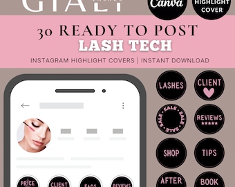 30 copertine di highlight di Lash Tech per Instagram, modelli Canva, icone di highlight in nero e rosa, branding Lash Tech, pacchetto IG Beauty Business