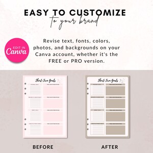 May include: Before and after image showing how to customize a printable planner page using Canva. The before image shows a pink planner page with the text "Short-Term Goals" at the top. The after image shows a beige planner page with the same text at the top.