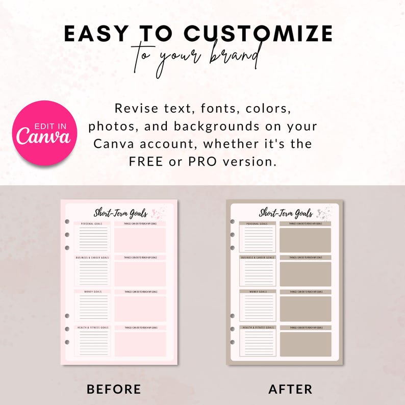 May include: Before and after image showing how to customize a printable planner page using Canva. The before image shows a pink planner page with the text "Short-Term Goals" at the top. The after image shows a beige planner page with the same text at the top.