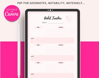 Odaterad vanespårare Goodnotes-mall, digital daglig vanespårare PDF, månatlig rosa söt vanespårare 2024 2025, redigerbar mall