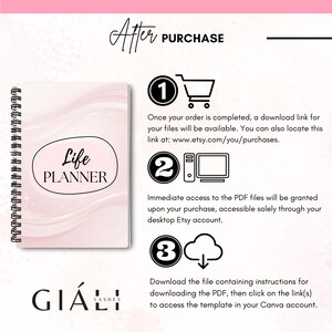 May include: A pink and white digital planner with a swirl pattern and the text "Life Planner" on the cover. The image shows the steps for downloading the planner after purchase, including a download link, access to PDF files, and instructions for using Canva.