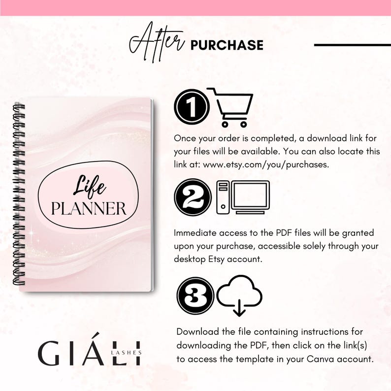 May include: A pink and white digital planner with a swirl pattern and the text "Life Planner" on the cover. The image shows the steps for downloading the planner after purchase, including a download link, access to PDF files, and instructions for using Canva.