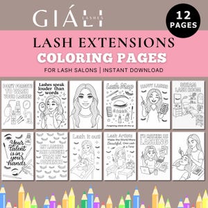 Puede incluir: Un conjunto de 12 páginas para colorear en blanco y negro con ilustraciones relacionadas con las extensiones de pestañas. Las páginas incluyen imágenes de artistas de pestañas, mapas de pestañas y herramientas para pestañas. El texto "Lash Extensions Coloring Pages" está en la parte superior de la página.