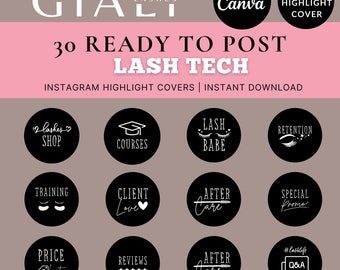 Instagram Highlight Covers For Beauty Business, 30 Lash Tech IG Covers, Black and White Highlight Icons, Lash Tech Branding, Canva Templates