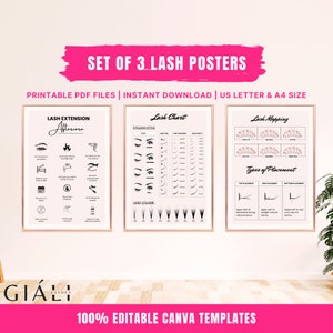 Décoration de la salle des cils, lot de 3 affiches modifiables, entretien des extensions de cils, tableau et poster de cartographie des cils, art mural Lash Tech, modèles canva