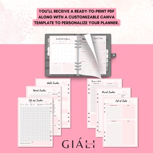 May include: A pink and white printable planner with a variety of pages including a monthly calendar, habit tracker, mood tracker, life 365 tracker, period tracker, and list of tasks. The planner is designed to be personalized with a Canva template.