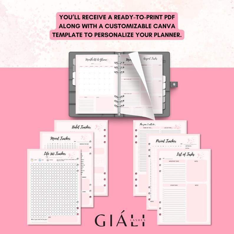 May include: A pink and white printable planner with a variety of pages including a monthly calendar, habit tracker, mood tracker, life 365 tracker, period tracker, and list of tasks. The planner is designed to be personalized with a Canva template.