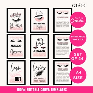 May include: Set of 24 printable A4 size editable Canva templates for lash businesses. The templates feature pink glitter backgrounds with black text and illustrations of eyelashes. Some of the text includes "Hello Gorgeous", "It's Lash o'clock", "Lashes are a girl's best friend", "Classic Lashes", "Volume Lashes", and "Hybrid Lashes".