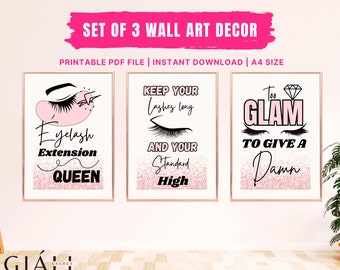 Kamerdecoratie wimper, wimpercitaten, 3 posters van Lash Tech Studio, afdrukbare schoonheidssalon kunst aan de muur, decor esthetische salon, bewerkbare canvas poster