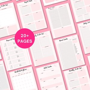 May include: A set of printable planner pages with a pink and white color scheme. The pages include a daily to-do list, a monthly to-do list, a habit tracker, a mood tracker, a password keeper, and a month-at-a-glance calendar. The pages are designed to help you stay organized and on track with your goals.