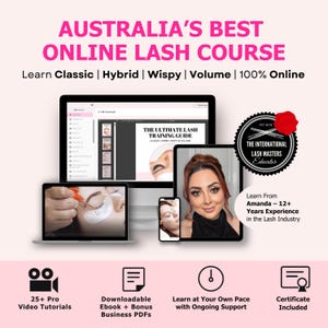 Könnte beinhalten: Werbung für einen Online-Wimpernkurs. Das Bild zeigt einen Computer, ein Tablet und ein Telefon, die Inhalte zur Wimpernschulung anzeigen. Der Text lautet "Australia's Best Online Lash Course" und "Learn Classic | Hybrid | Wispy | Volume | 100% Online."