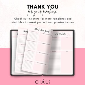 May include: A pink and white printable planner with the text "Short-Term Goals" and "List of Tasks". The planner includes sections for personal goals, business and career goals, money goals, health and fitness goals, and a list of tasks to do.
