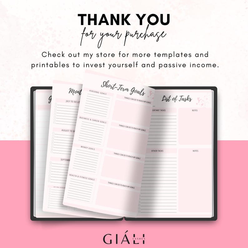 May include: A pink and white printable planner with the text "Short-Term Goals" and "List of Tasks". The planner includes sections for personal goals, business and career goals, money goals, health and fitness goals, and a list of tasks to do.