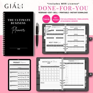 May include: A black and white business planner with the text "The Ultimate Business Planner" on the cover. The planner includes sections for product performance, monthly planning, and finance overview. The planner is designed for solopreneurs, freelancers, and business owners.