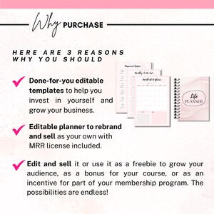 May include: Pink and white printable planner templates with a checklist, monthly calendar, and password keeper. The text "Life Planner" is on the cover of a pink and white spiral bound planner.